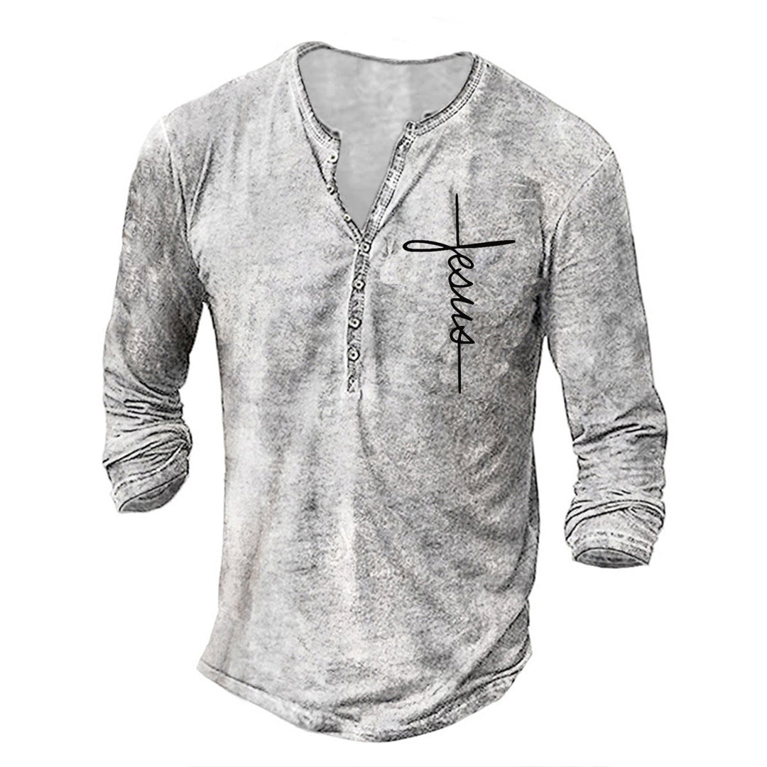 Herren Langarm Henley-Shirt mit kreativem Grafikdruck