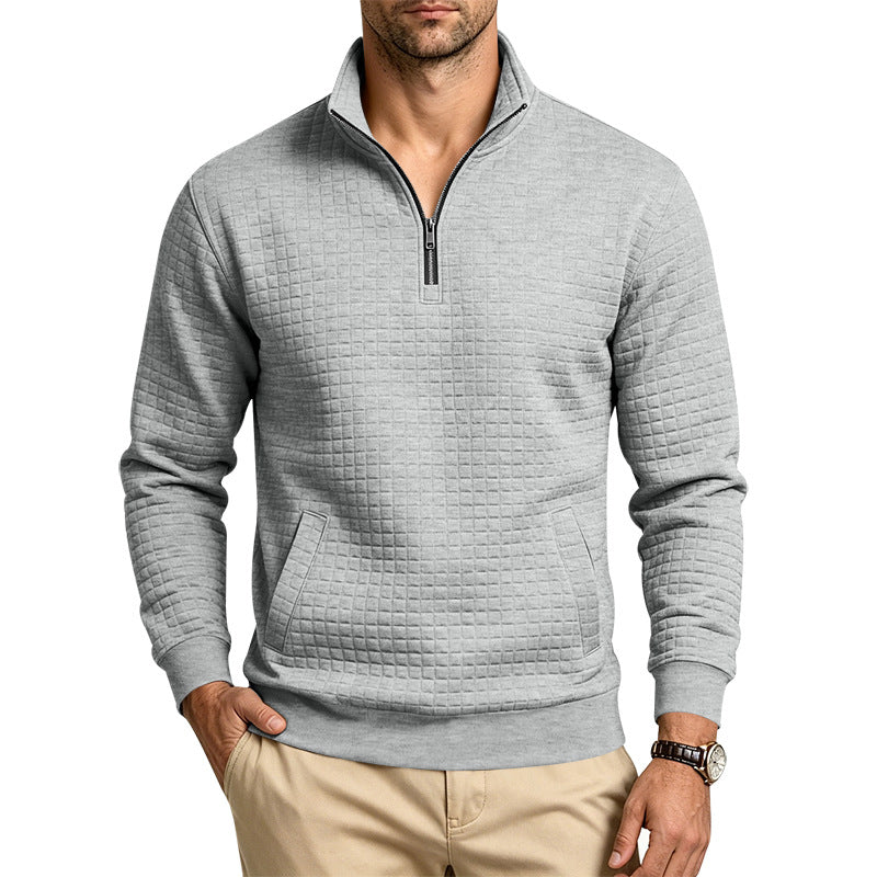 Herren Strukturiertes Stehkragen-Halbzip-Sweatshirt mit Karomuster und Kängurutasche Shop Nory