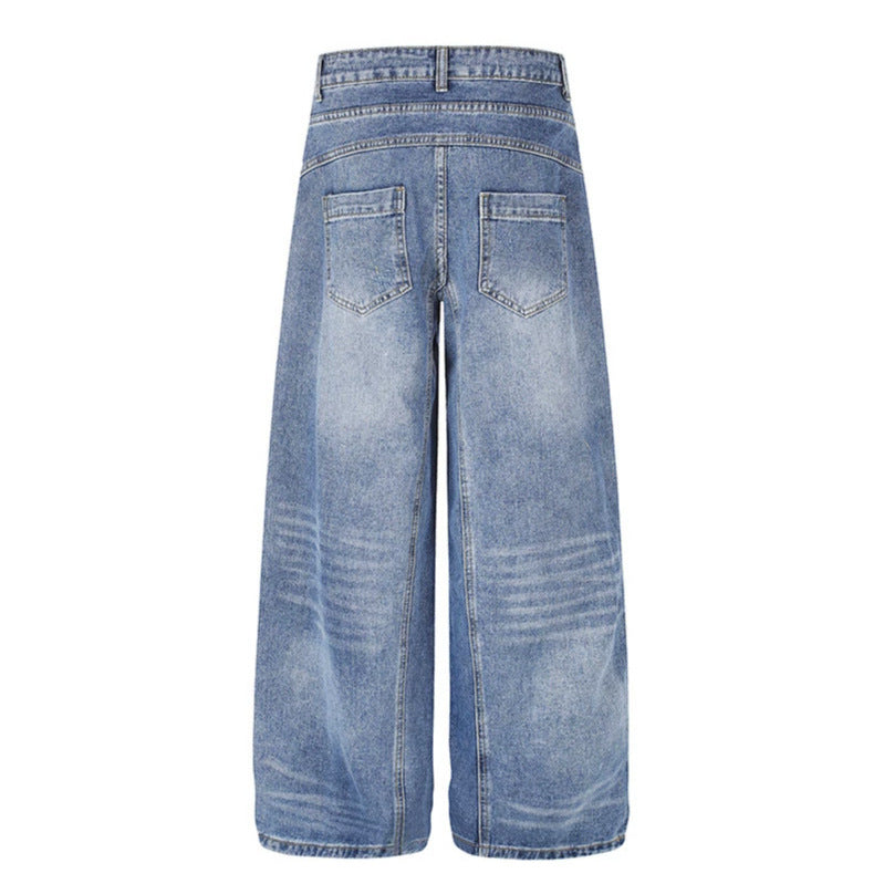Damen Jeanshose mit weitem Culotte‑Schnitt, asymmetrischem Doppelbund und Kontrast-Seitenbahnen Shop Nory