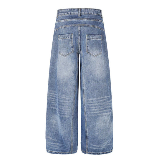 Damen Jeanshose mit weitem Culotte‑Schnitt, asymmetrischem Doppelbund und Kontrast-Seitenbahnen Shop Nory