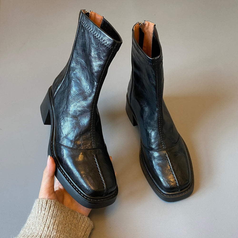 Damen Stiefeletten mit dickem Absatz und Reißverschlussverschluss