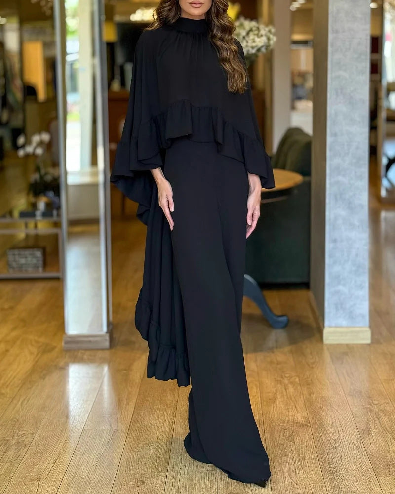 Damen Eleganter Overall mit Cape-Volant und weitem Palazzohosenbein Shop Nory
