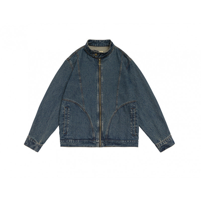 Unisex kastige Jeansjacke mit Stehkragen, durchgehendem Reißverschluss und geformten Eingrifftaschen Shop Nory