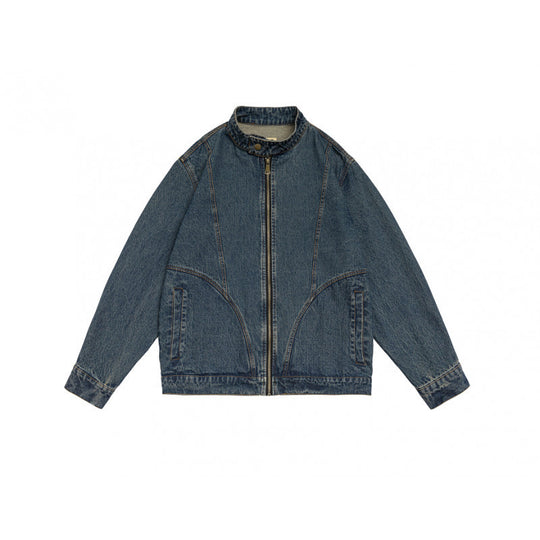 Unisex kastige Jeansjacke mit Stehkragen, durchgehendem Reißverschluss und geformten Eingrifftaschen Shop Nory