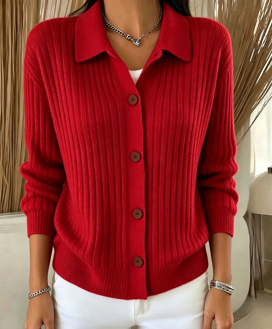 Damen Feiner gerippter Knopf‑Cardigan mit Hemdkragen und kastiger Silhouette Shop Nory