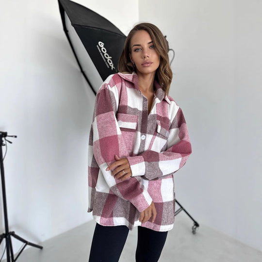 Damen Karierter Overshirt im Shacket-Stil mit Saumtaschen und Knopfverschluss Shop Nory