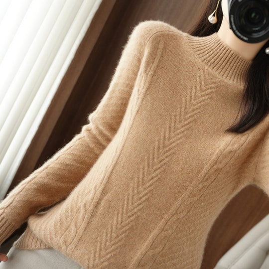 Damen Leichter Mohair‑Look Stehkragenpullover mit Zopf‑Ajour und taillierter Silhouette Shop Nory