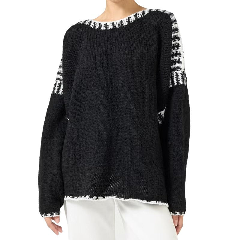 Damen Oversize Grobstrickpullover mit Kontraststreifen an Schultern und Saum Shop Nory