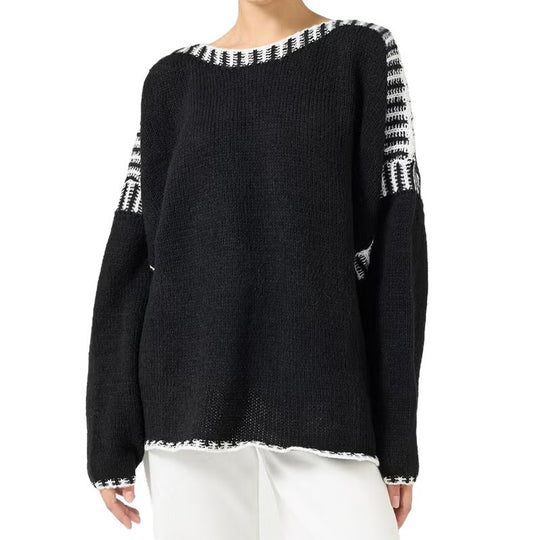 Damen Oversize Grobstrickpullover mit Kontraststreifen an Schultern und Saum Shop Nory