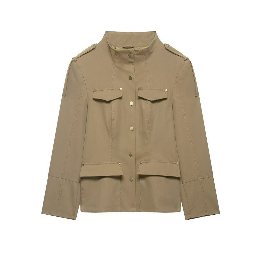 Damen Militärinspirierte Utility-Jacke mit Stehkragen und aufgesetzten Pattentaschen Shop Nory