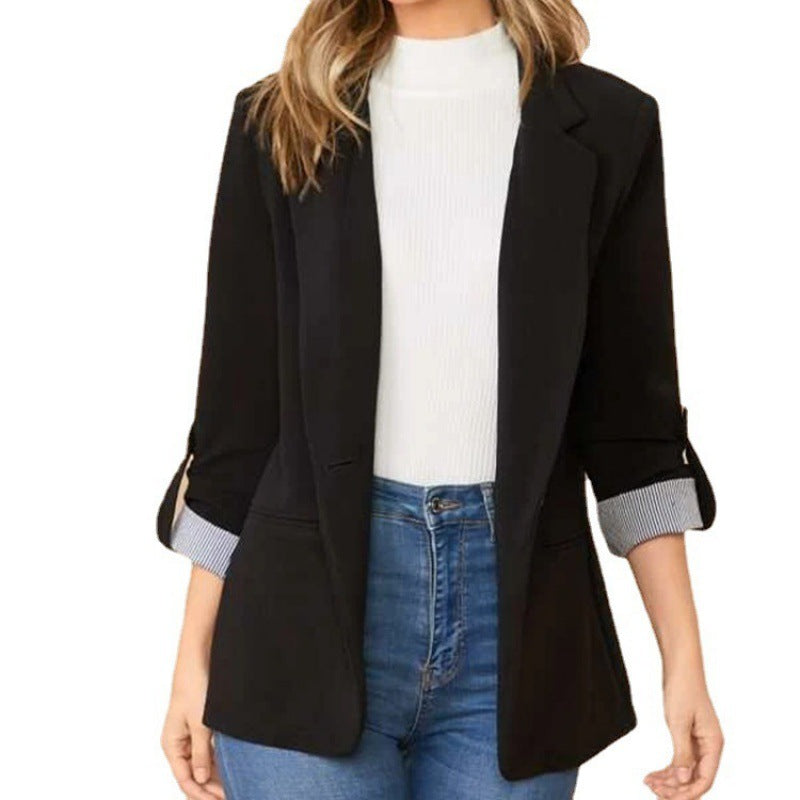 Damen schmal geschnittener Blazer mit Dreiviertelärmeln und umgeschlagenen Manschetten Shop Nory