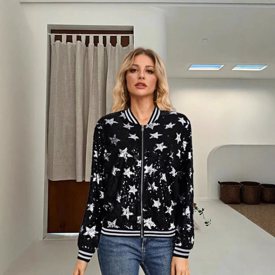Damen Glitzernde Bomberjacke mit Sternen-Motiv Shopnory