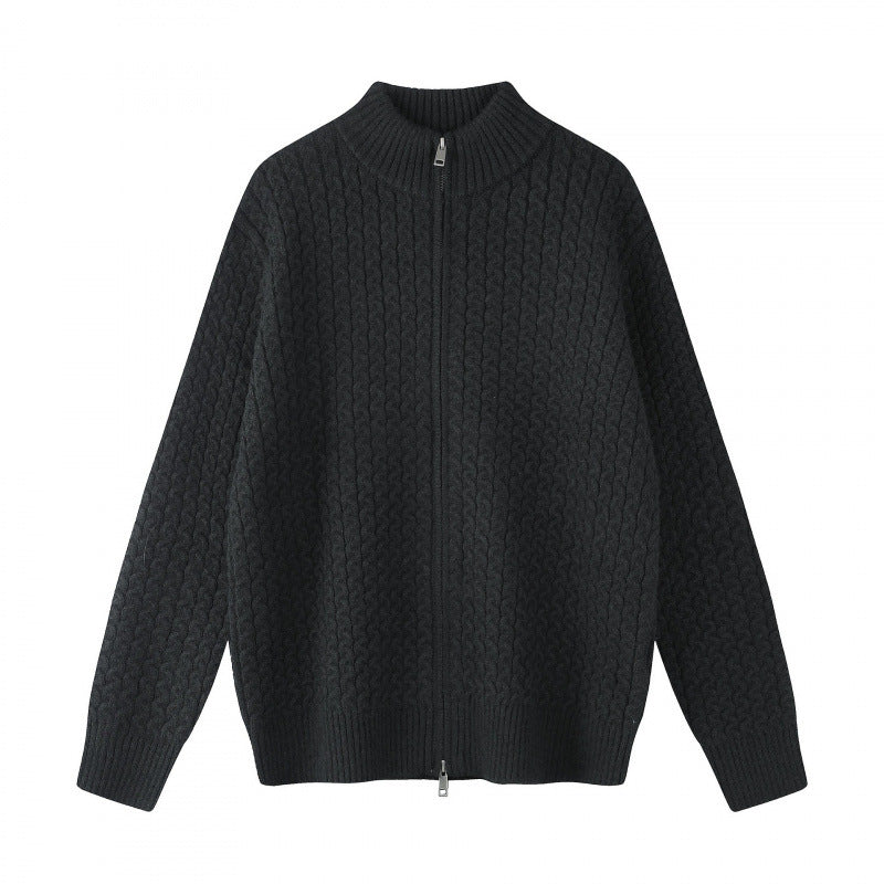 Unisex Boxy-Strickjacke mit Zopfmuster, Stehkragen und Zwei-Wege-Reißverschluss Shop Nory