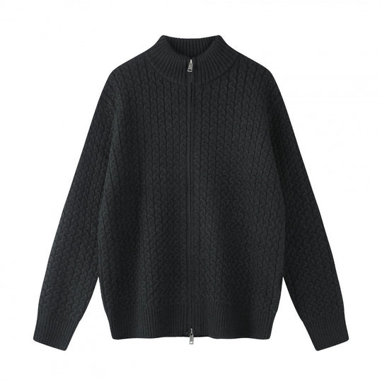 Unisex Boxy-Strickjacke mit Zopfmuster, Stehkragen und Zwei-Wege-Reißverschluss Shop Nory