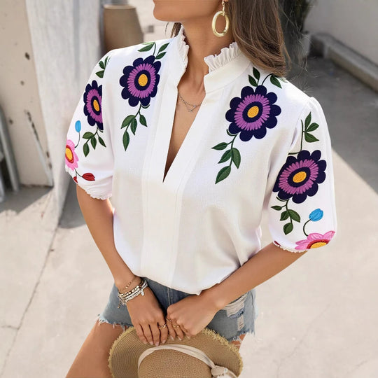 Damen Romantische Chiffon-Bluse mit Rüschenkragen, Puffärmeln und bestickten Blumenärmeln Shop Nory
