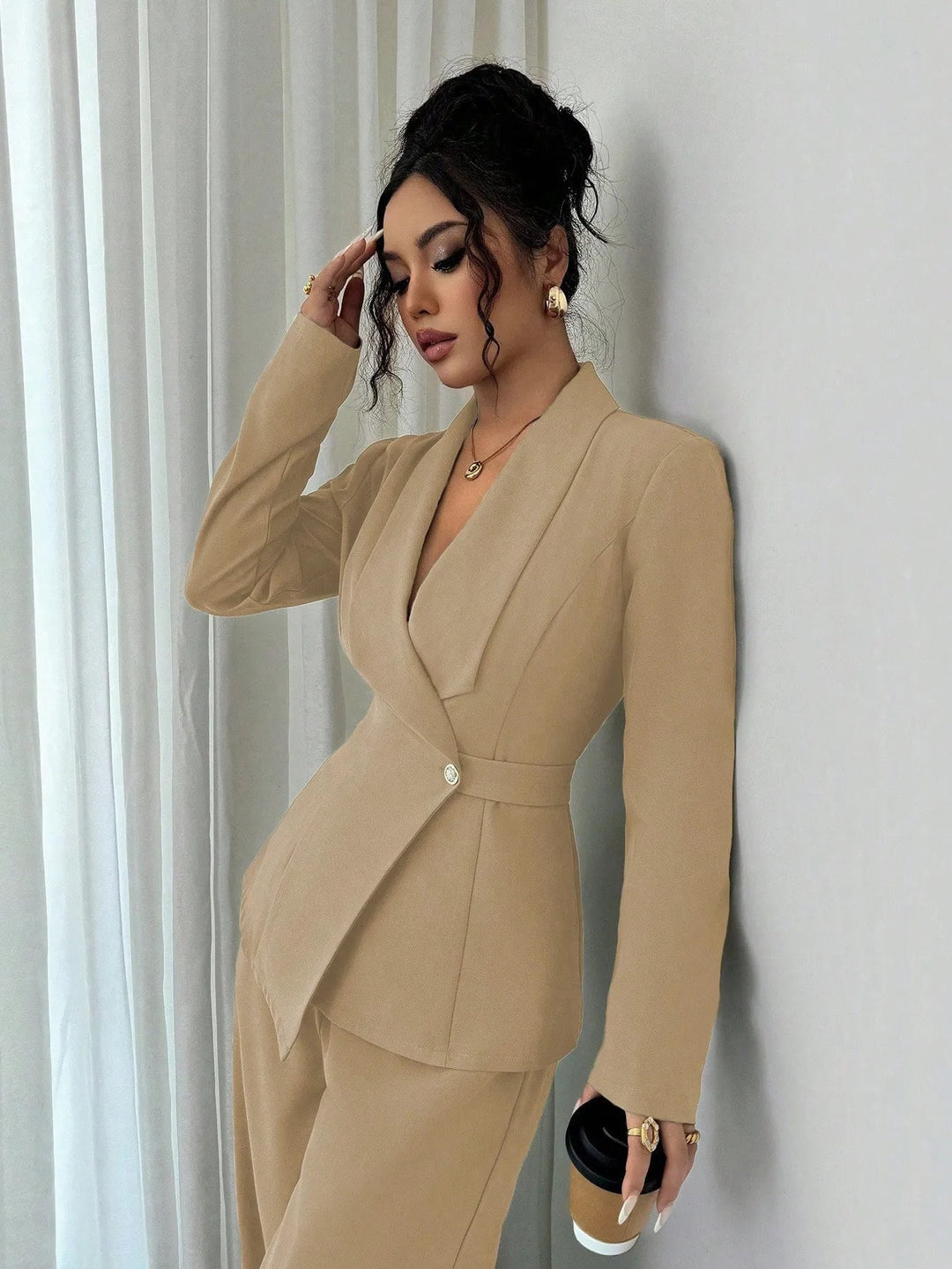 Damen nan taillierter Businessblazer mit Schalkragen, Gürtelbund und Ein-Knopf-Verschluss Shop Nory