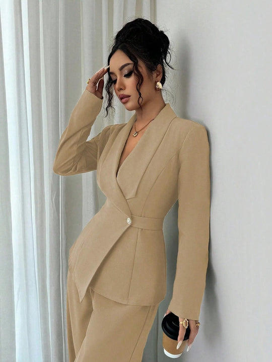 Damen nan taillierter Businessblazer mit Schalkragen, Gürtelbund und Ein-Knopf-Verschluss Shop Nory