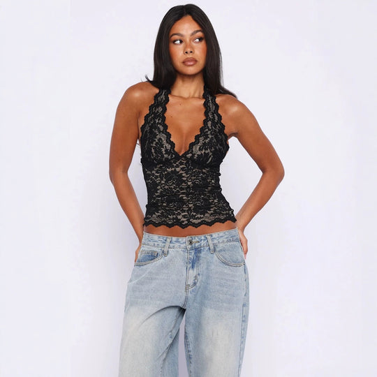 Damen Spitzen-Top mit tiefem V-Ausschnitt und raffinierten Details