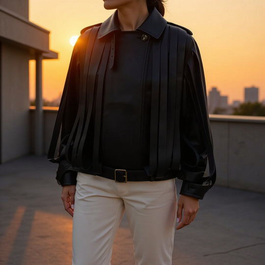 Damen Lederimitat‑Fransenblouson mit Stehkragen und Taillengürtel Shop Nory