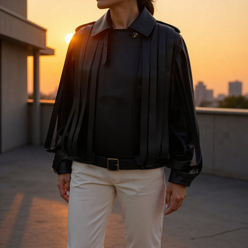 Damen Lederimitat‑Fransenblouson mit Stehkragen und Taillengürtel Shop Nory