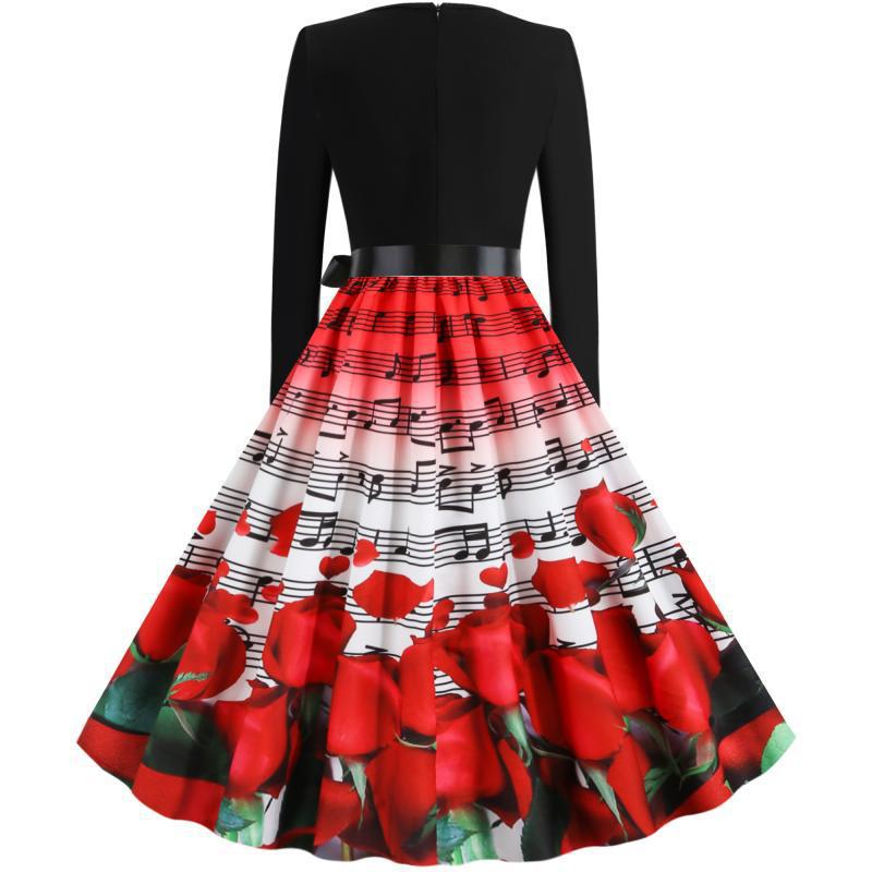 Damen tailliertes A-Linien Kleid mit Noten- und Rosenprint Langarm und Taillenschleife Shop Nory