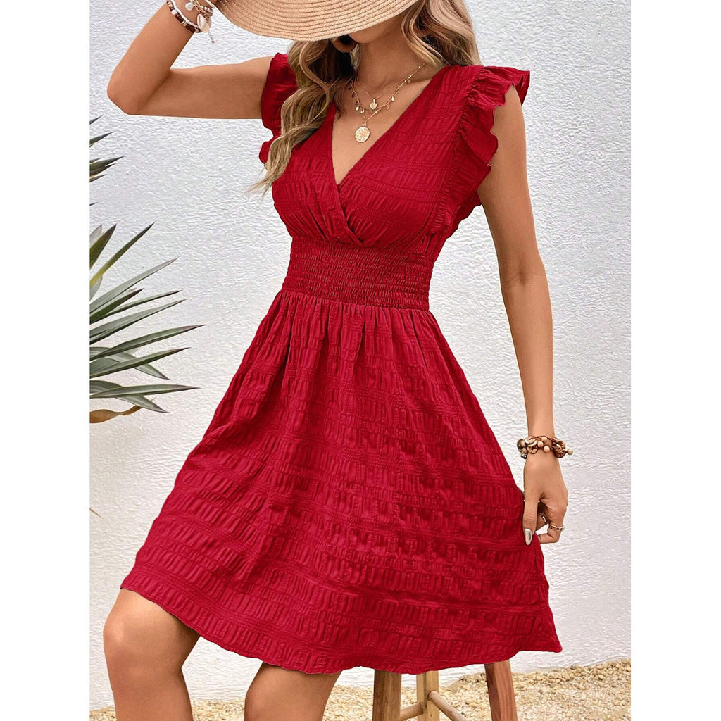 Damen Fließendes Kleid mit voluminösen Rüschenausschnitten und elastischem Taillenbund Shopnory