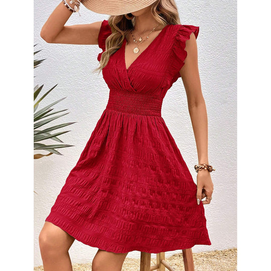 Damen Fließendes Kleid mit voluminösen Rüschenausschnitten und elastischem Taillenbund Shopnory