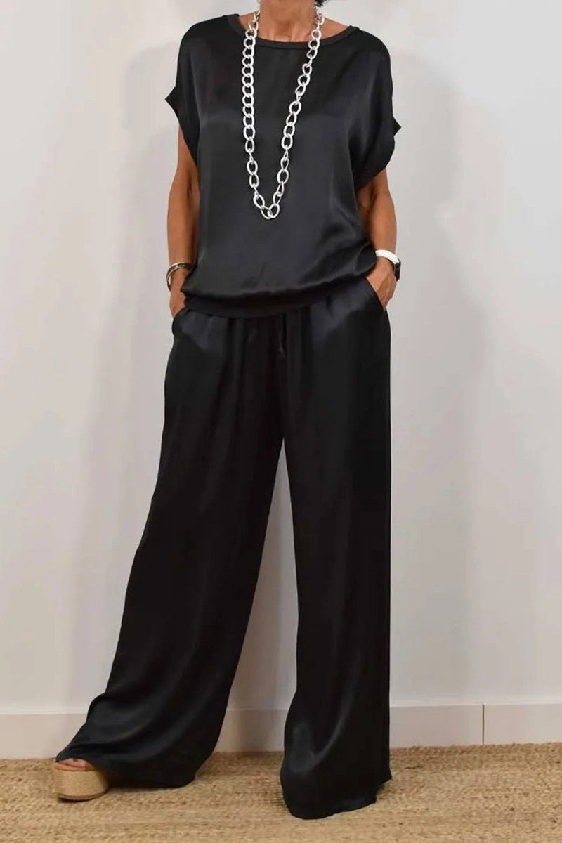Damen Elegantes Satin Lounge-Set mit weitem Schnitt und lässigem Oberteil