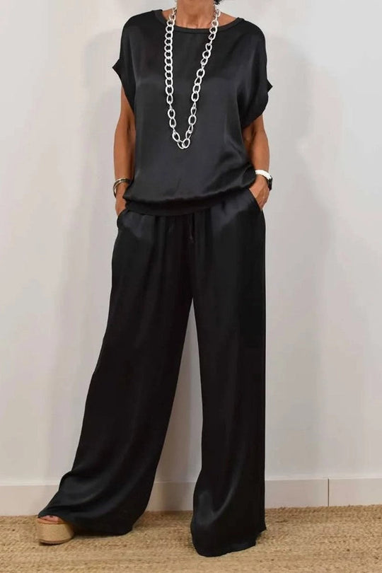 Damen Elegantes Satin Lounge-Set mit weitem Schnitt und lässigem Oberteil