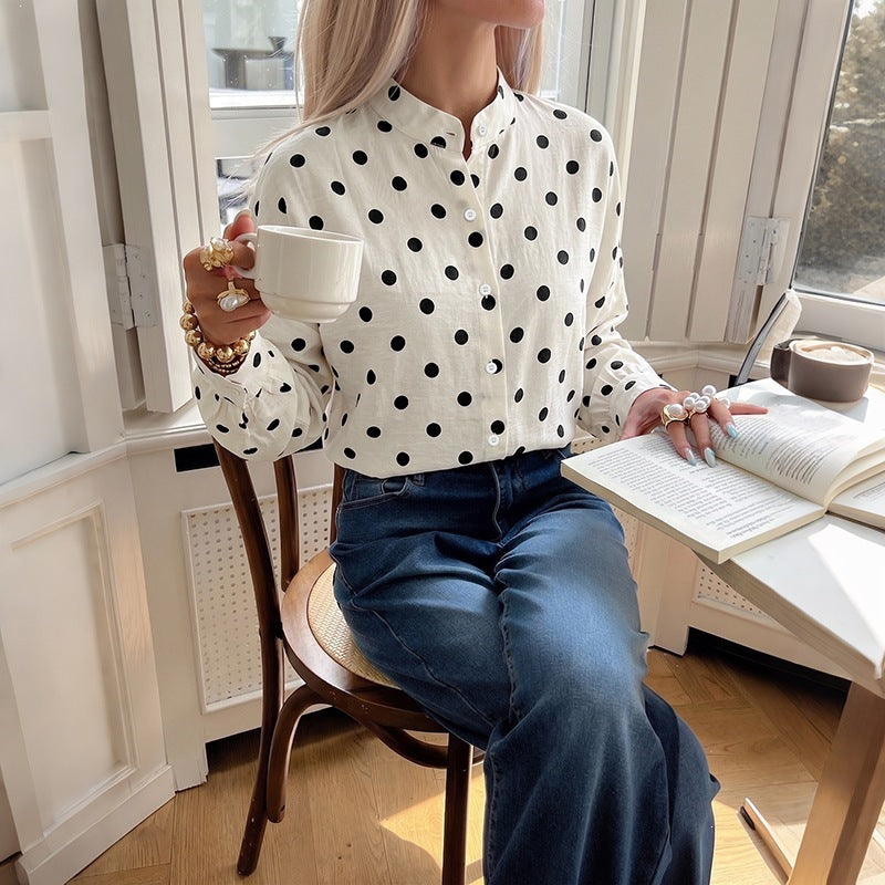 Damen gepunktete Viskose-Bluse mit Stehkragen und Perlmuttknöpfen Shop Nory