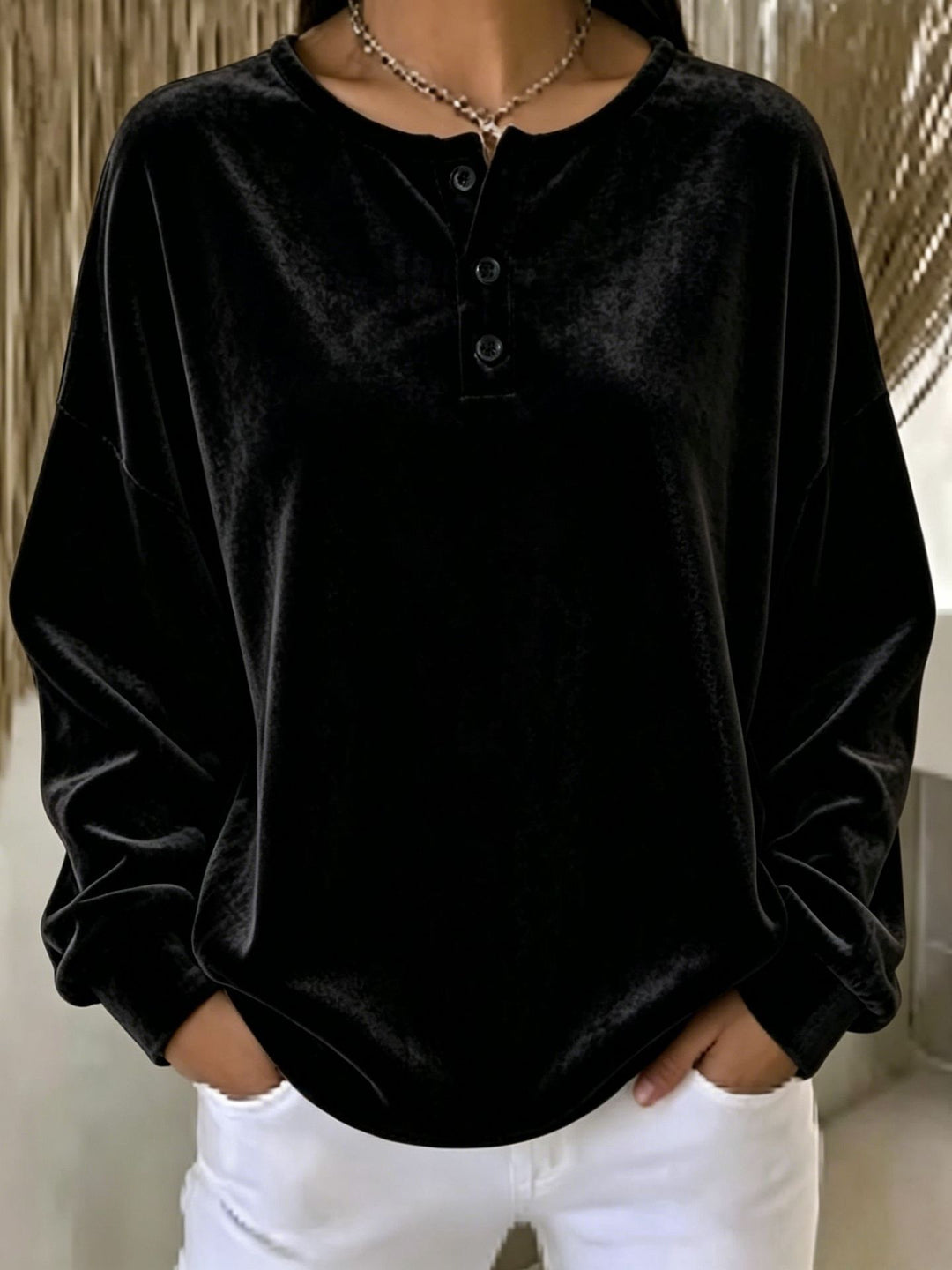 Damen Lässiges Oversize Samt-Henleyshirt mit Knopfleiste Shop Nory