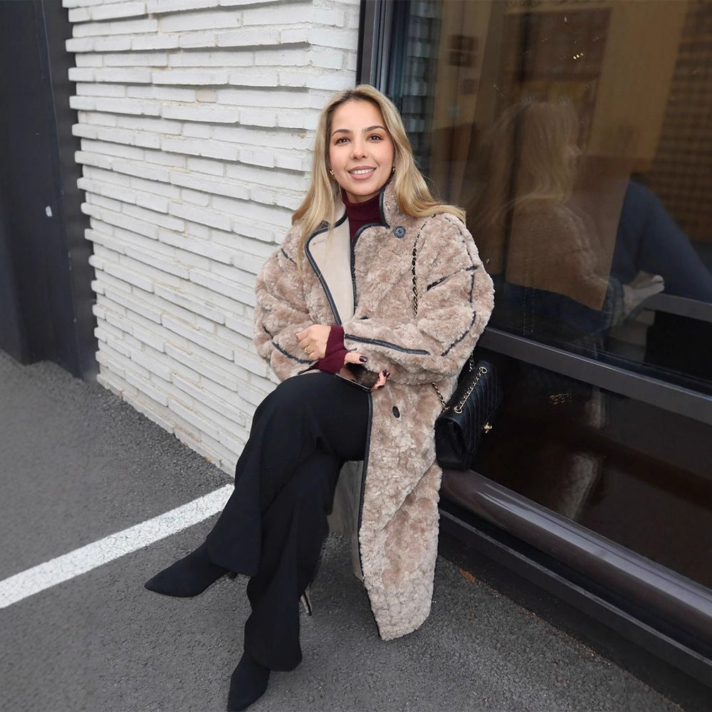 Damen Langer Teddy‑Mantel mit Kontrastnähten, Stehkragen und Knopfleiste Shop Nory