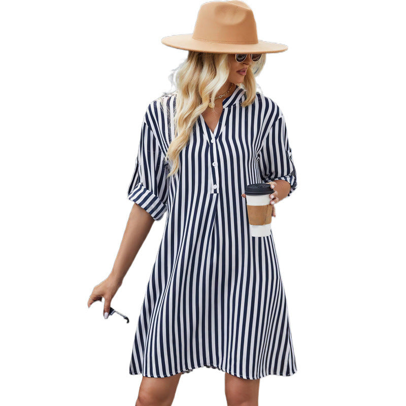Damen gestreiftes Button-Down Hemdkleid