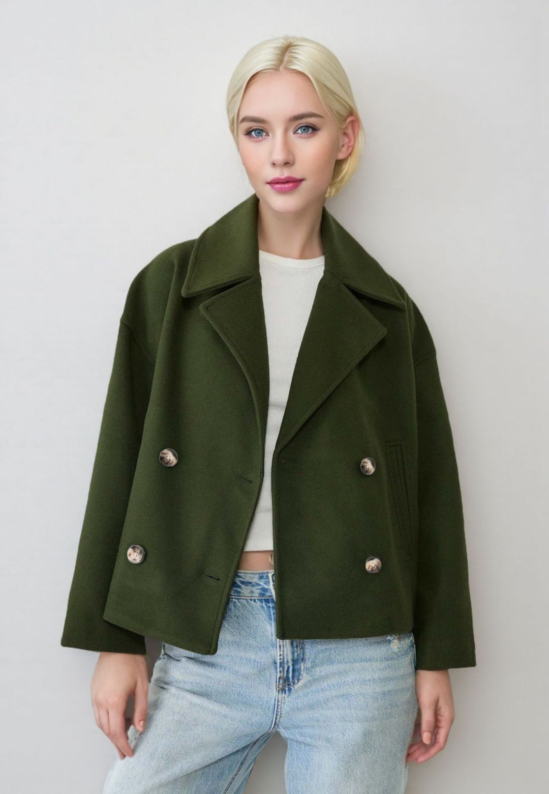 Damen nan kurzes doppeltreihiges Wollmix-Manteljacke im Boxy-Cut mit weitem Reverskragen Shop Nory