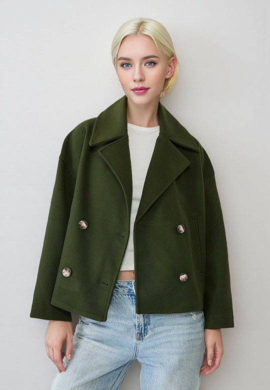 Damen nan kurzes doppeltreihiges Wollmix-Manteljacke im Boxy-Cut mit weitem Reverskragen Shop Nory