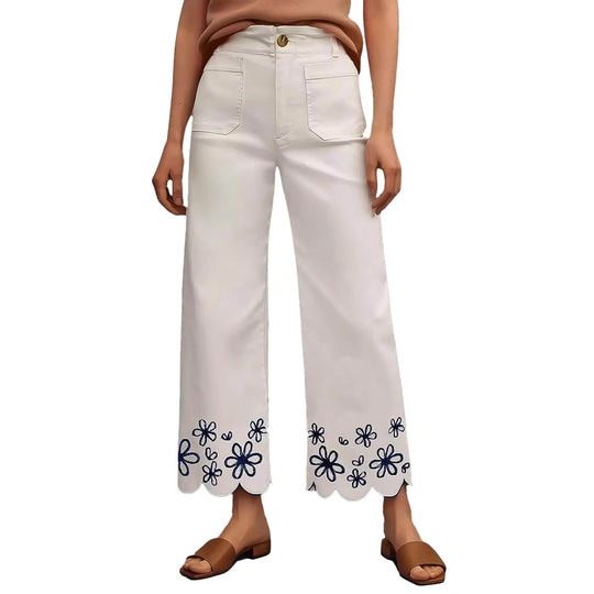Damen Hochtaillierte Cropped‑Palazzohose mit floraler Stickerei und Wellensaum Shop Nory