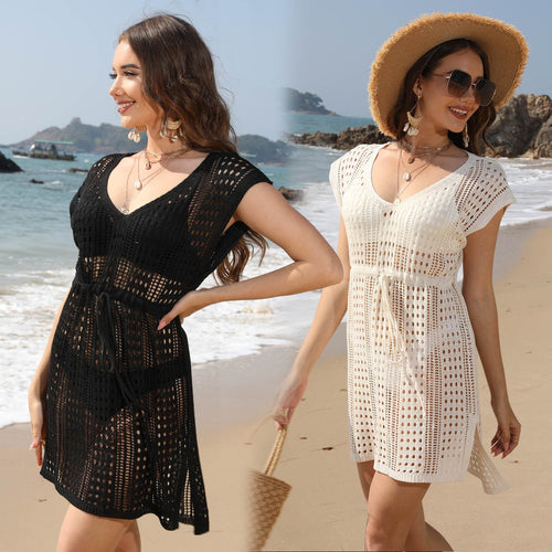 Damen Häkel-Strandkleid mit tiefem V-Ausschnitt und elastischem Bund