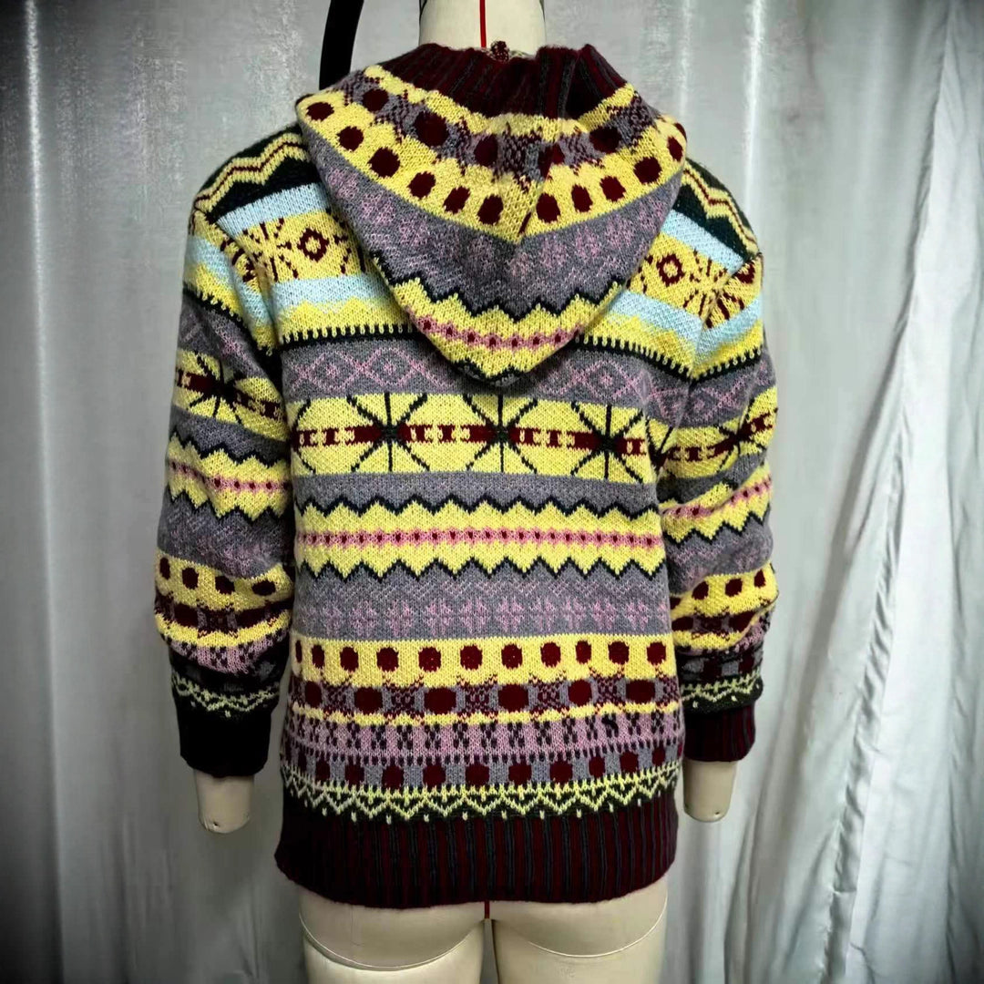Damen nan oversized Strickkapuzenpullover mit Norwegermuster, gefütterter Kapuze und gerippten Bündchen Shop Nory