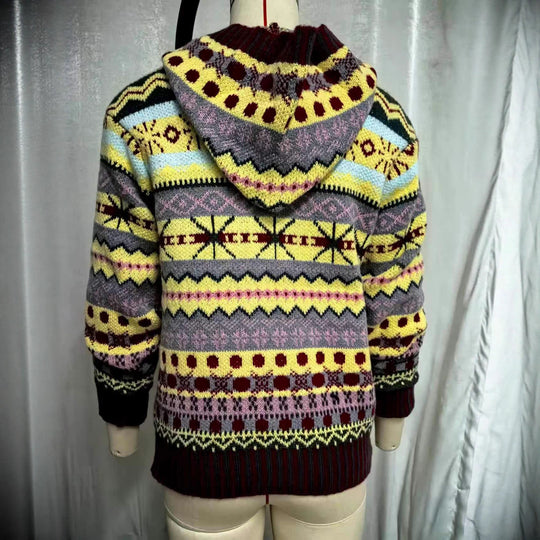Damen nan oversized Strickkapuzenpullover mit Norwegermuster, gefütterter Kapuze und gerippten Bündchen Shop Nory