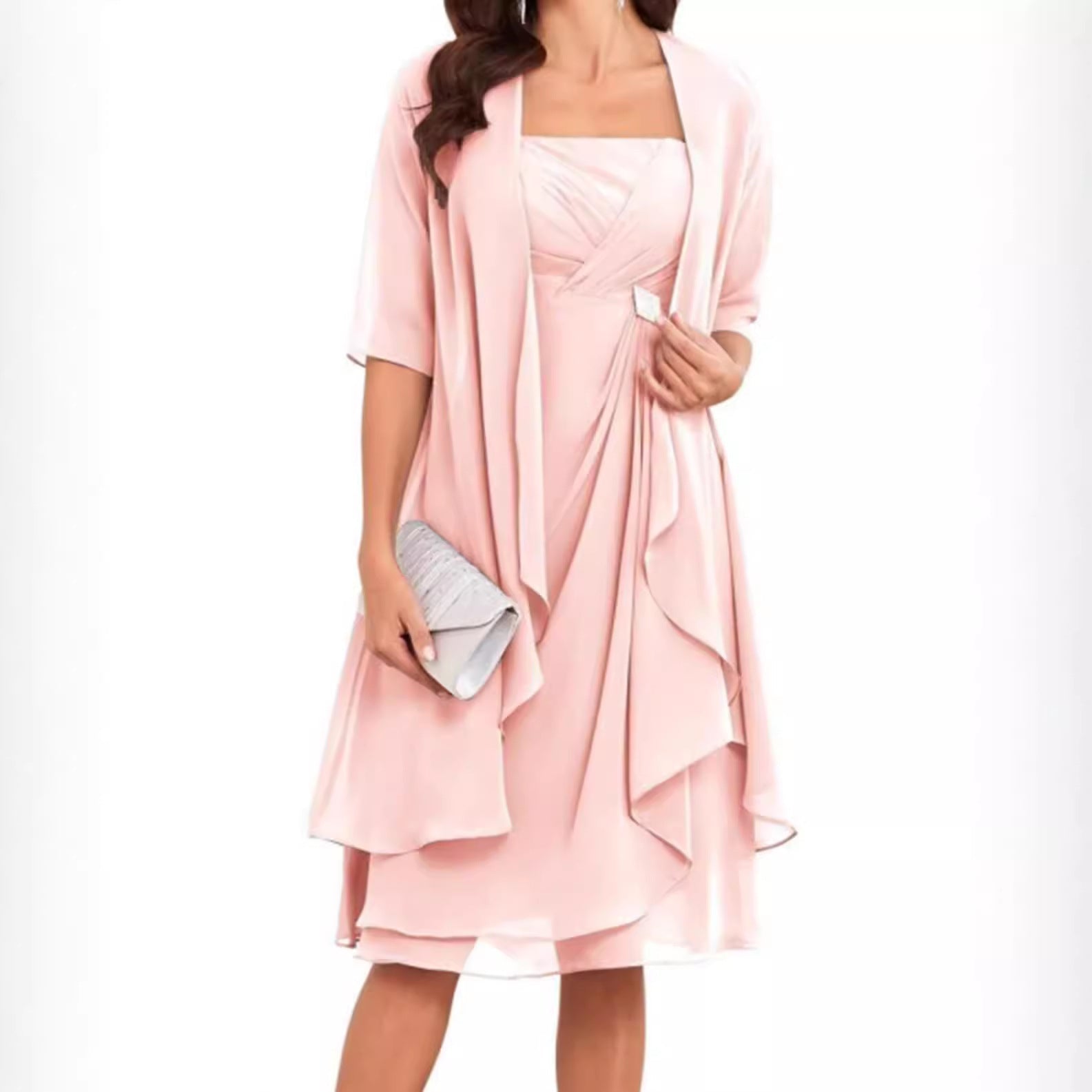 Damen festliches Maxikleid mit einem eleganten Wickeldesign und transparenter Ärmeln
