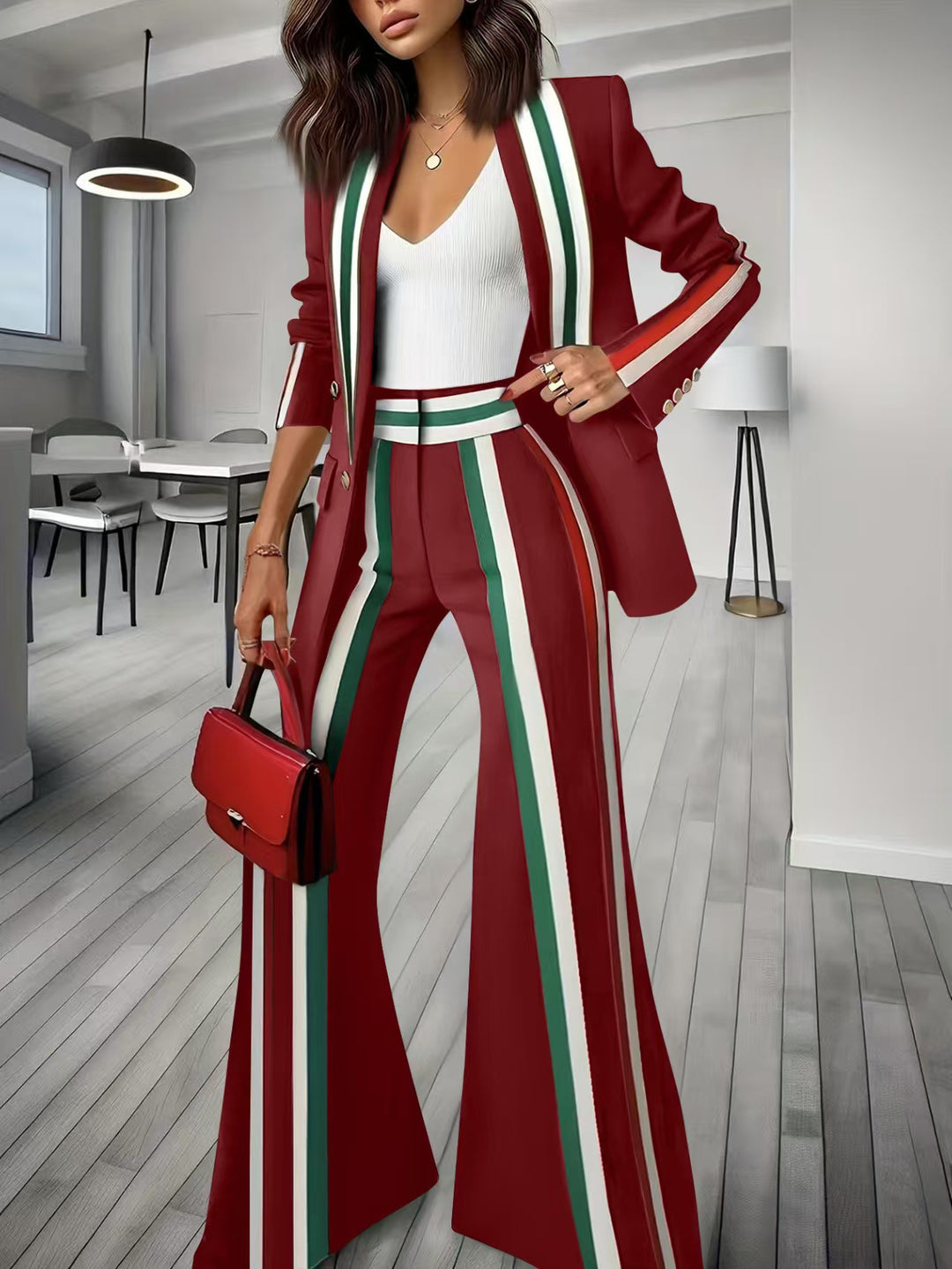 Damen Elegantes Blazer‑Hosenensemble mit seitlichen Kontraststreifen und weitem Schlag Shop Nory