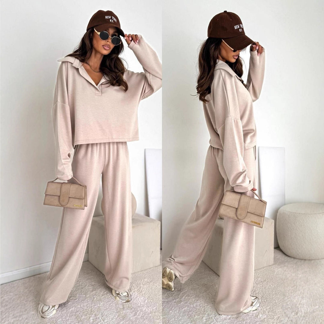 Damen Loungewear-Zweiteiler mit Hemdkragen-Cropped-Sweatshirt und weiter Palazzo-Hose Shop Nory