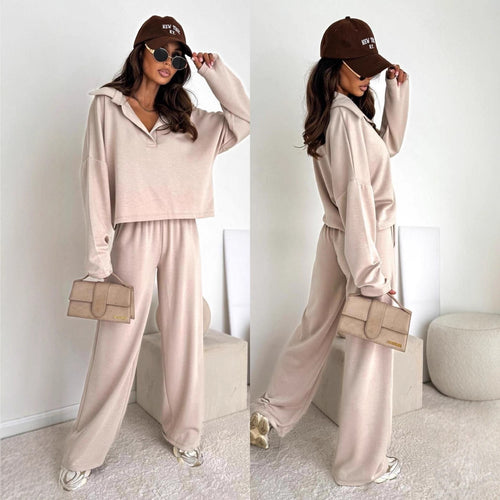 Damen Loungewear-Zweiteiler mit Hemdkragen-Cropped-Sweatshirt und weiter Palazzo-Hose Shop Nory
