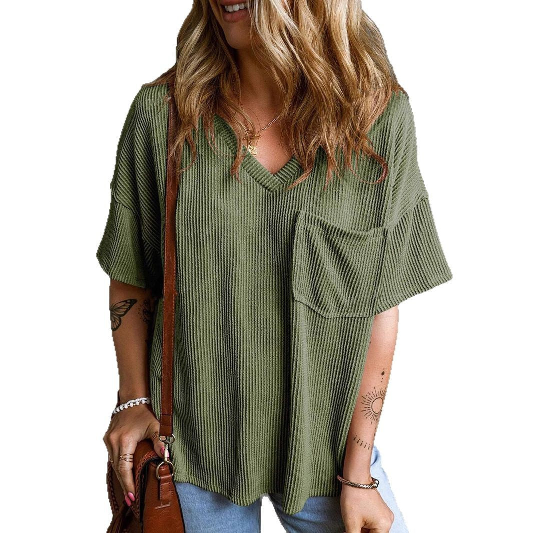 Damen Lässiges Rippstrick Oversize T-Shirt mit V-Ausschnitt und Brusttasche Shop Nory