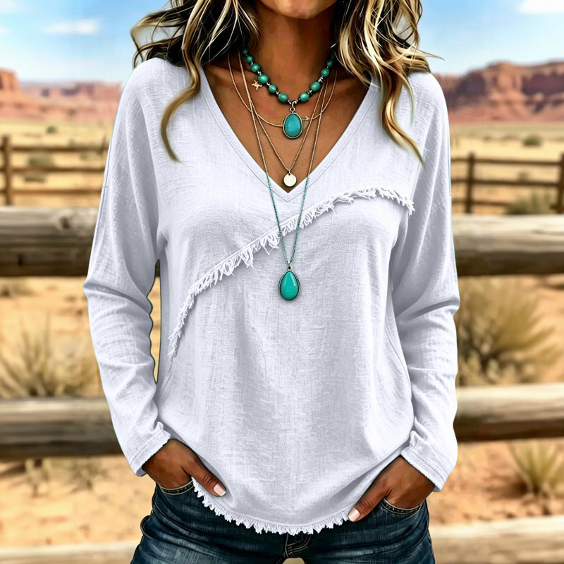 Damen Lässiges V-Ausschnitt Langarmshirt mit diagonaler Fransenblende und Strukturstoff Shop Nory