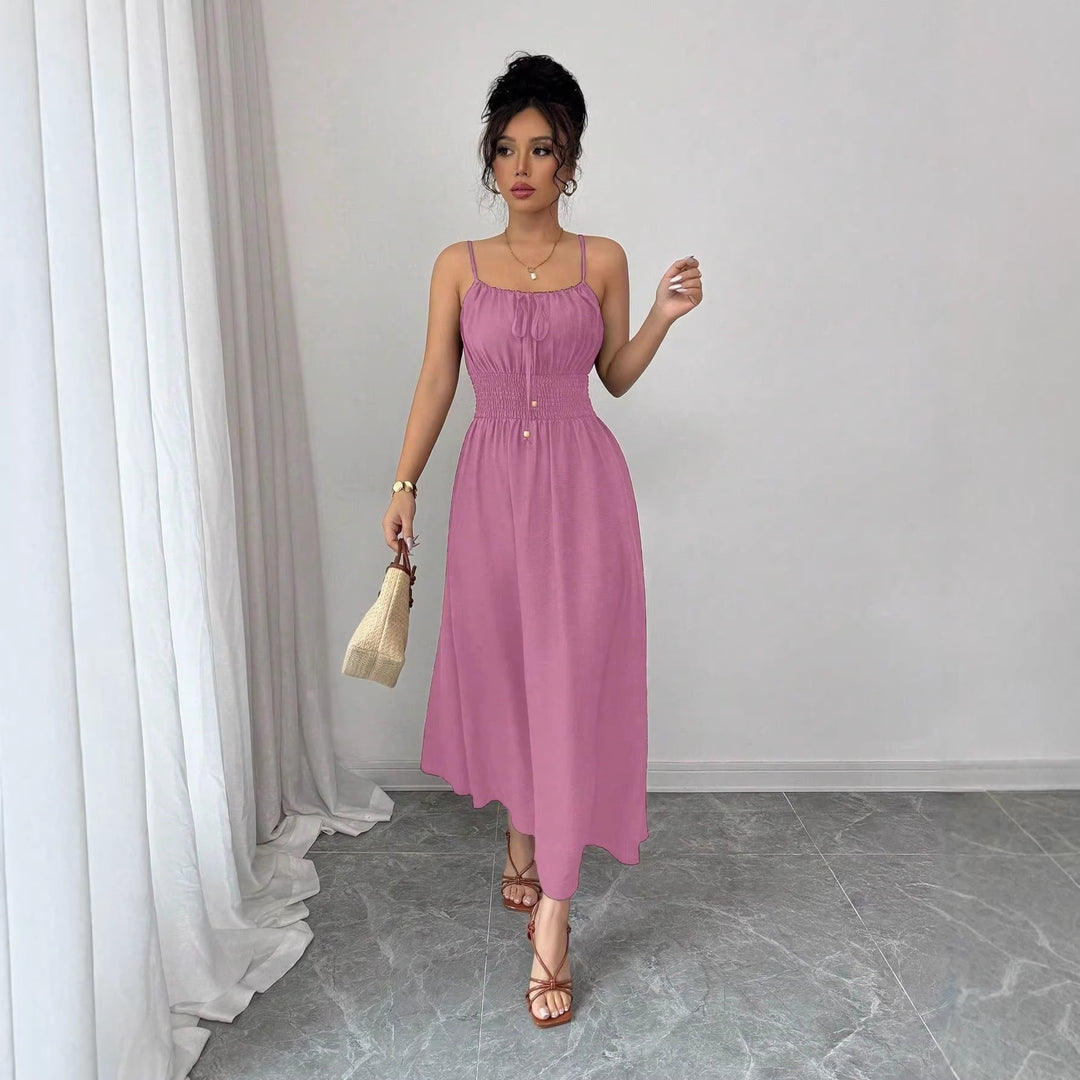 Damen Midikleid mit Smokbund, Spaghettiträgern und Bindekordel Shop Nory