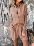 Damen Lässiges Jumpsuit-Set mit knöpfbarem Oberteil und elastischem Taillenzug Shopnory