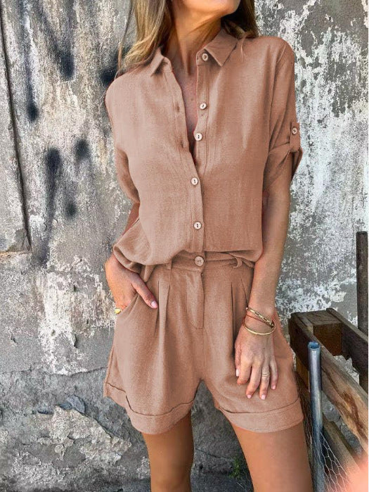 Damen Lässiges Jumpsuit-Set mit knöpfbarem Oberteil und elastischem Taillenzug Shopnory