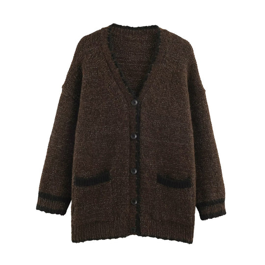 Damen Oversize Strickcardigan mit V-Ausschnitt, Knopfleiste und kontrastierenden Zierkanten Shop Nory