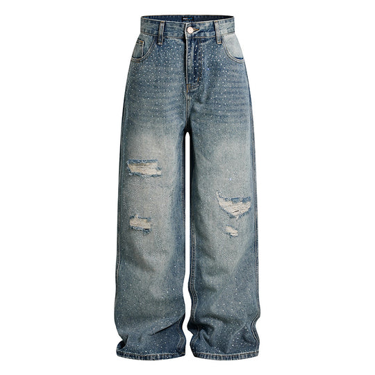 Damen Weite High‑Waist Denim-Palazzo-Jeans mit Destroyed-Details und Strassbesatz Shop Nory